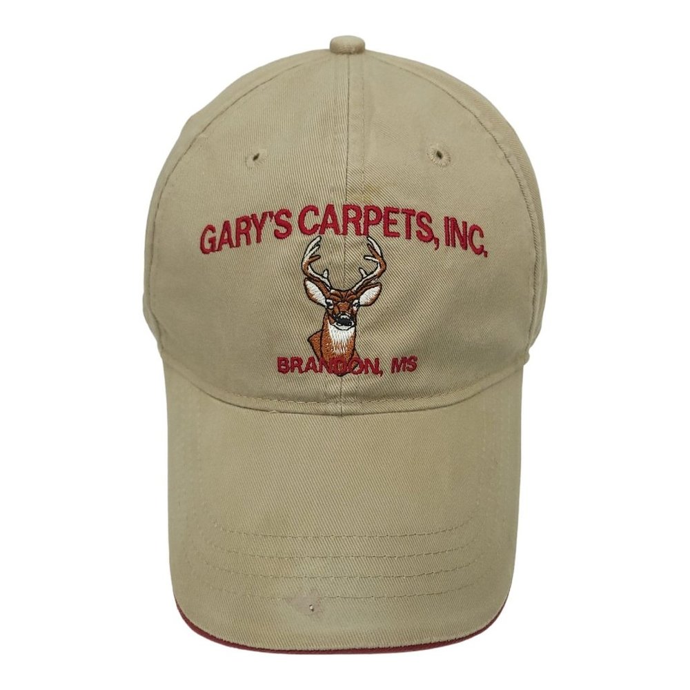 Garys Carpets Buck Deer Logo Strapback Cap Trucker Baseball Hat Khaki Red Trim